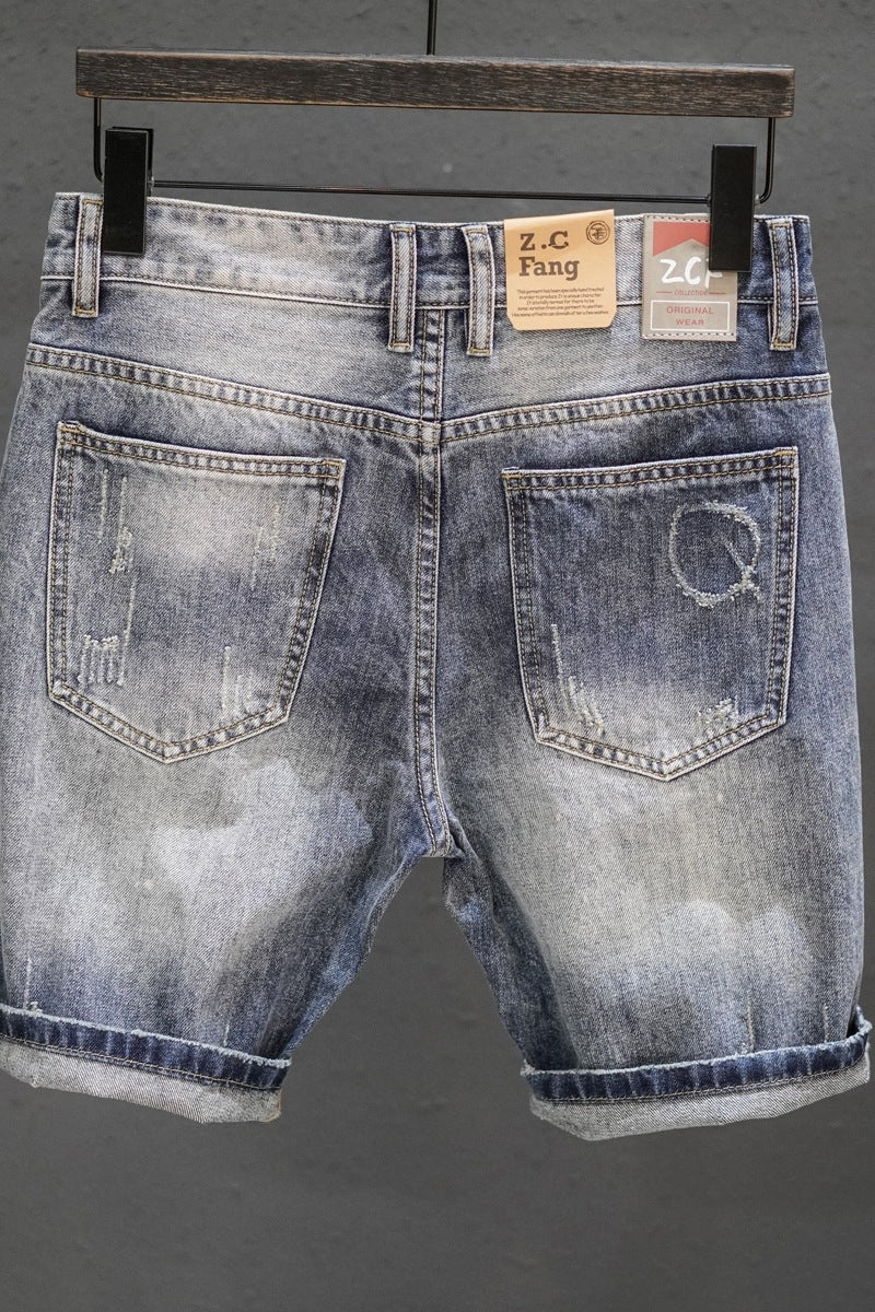 Retro Ripped Denim Mens Trendy Cropped Pants With Fuzzy Hems